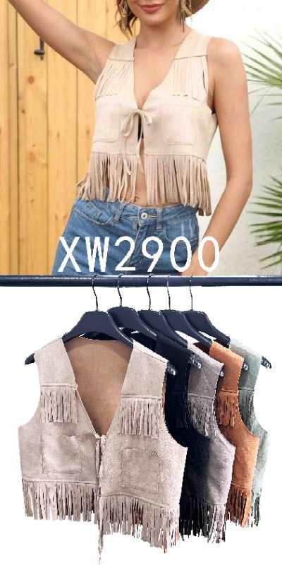 chaleco tipo vaquero con bolsas y flecos XW2900