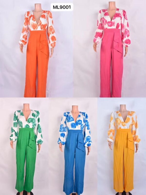 traje dos piezas, blusa estampado floral, pantalón amplio cintura alta ML9001