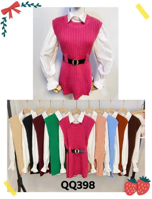 blusa-vestido con cinturón y detalle corrugado en las mangas QQ398